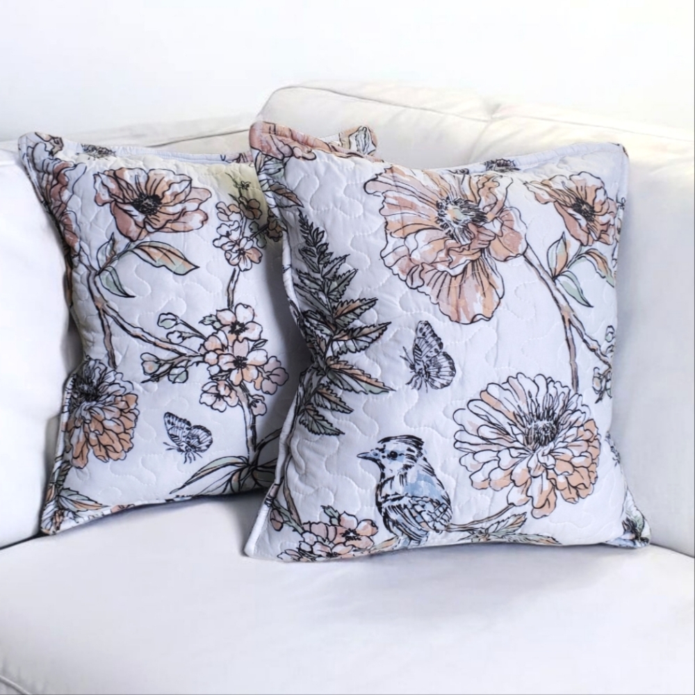 Homecrafted Floral Print Quilted Pillow Set    Floral / Birds / Butterflies
